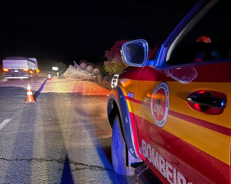 Motorista de caminhão com placas de Campos Novos fica ferido após veículo cair em ribanceira