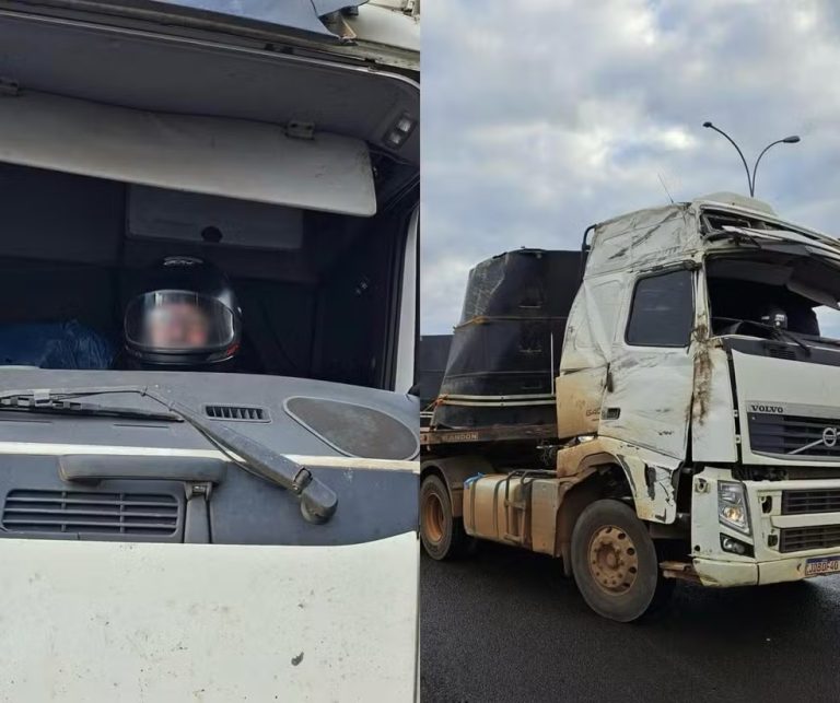 Motorista usa capacete em carreta sem para-brisa e com tanque tampado com elástico no Oeste