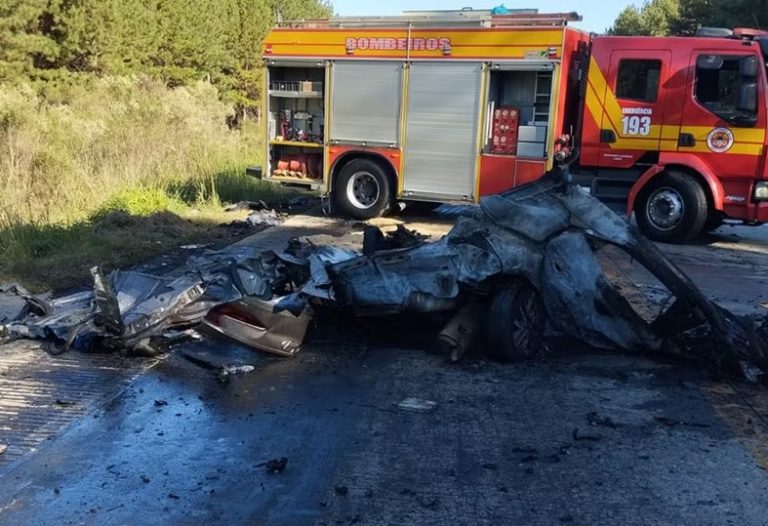 Carro bate de frente em caminhão, pega fogo e motorista morre em SC