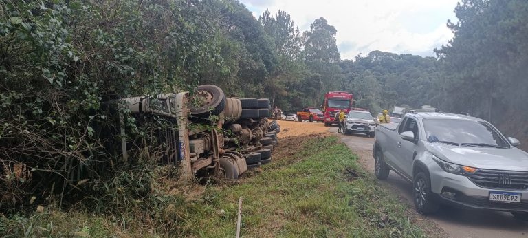 Caminhão carregado com milho tomba na BR-282 em Catanduvas