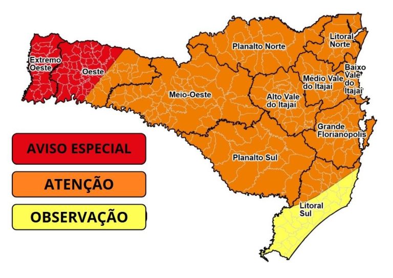 Defesa Civil atualiza alerta e eleva para muito alto o risco de tempestades severas para áreas do Grande Oeste