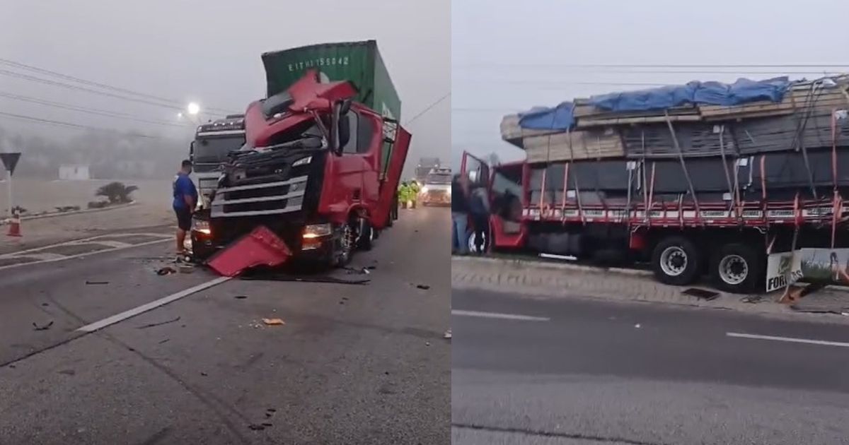 Colisão entre caminhão e carreta causa lentidão e fila de 8 km na BR-101 em Barra Velha