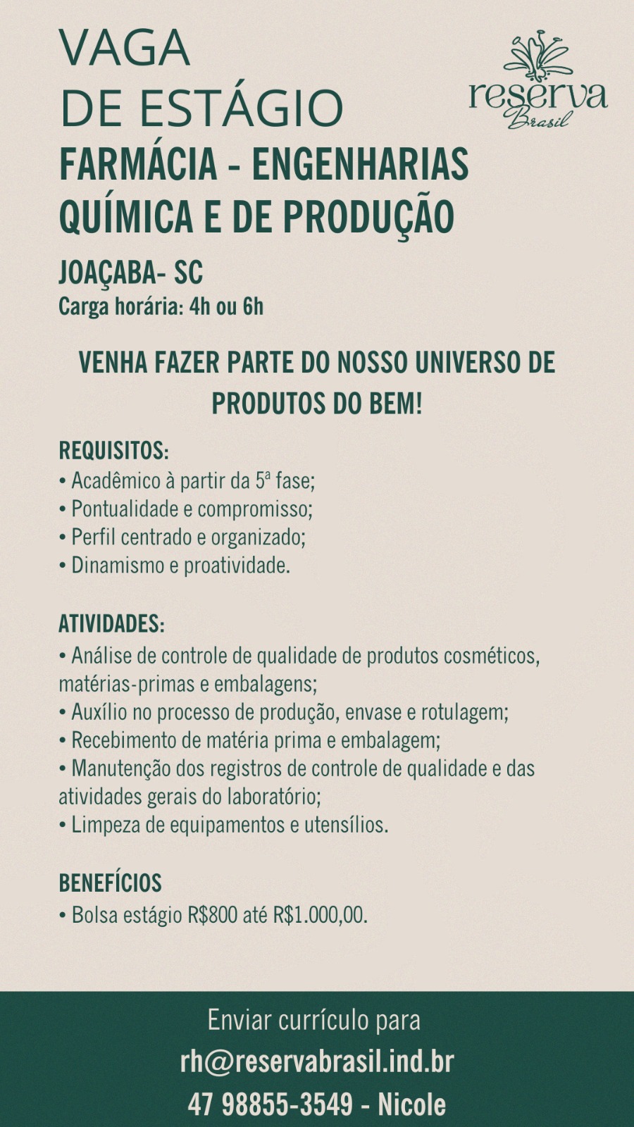 Vaga de Estágio – Farmácia e Engenharias Química e de Produção