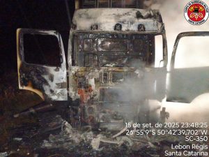 Incêndio destrói caminhão carregado com cerveja na SC-350