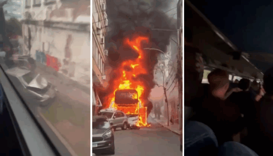 Vídeo: Ônibus com 55 estudantes pega fogo em Porto Alegre após falha nos freios