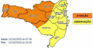Defesa Civil atualiza alerta meteorológico para este domingo em SC; veja o que diz a nota
