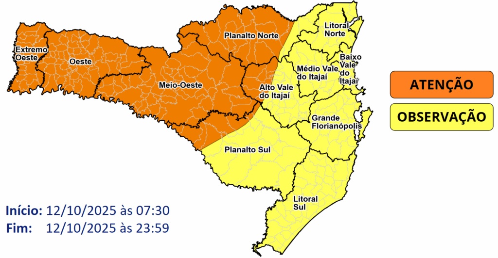 Defesa Civil atualiza alerta meteorológico para este domingo em SC; veja o que diz a nota