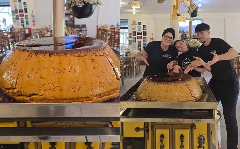 Pudim gigante de mais de 54 kg surpreende clientes em restaurante de Videira