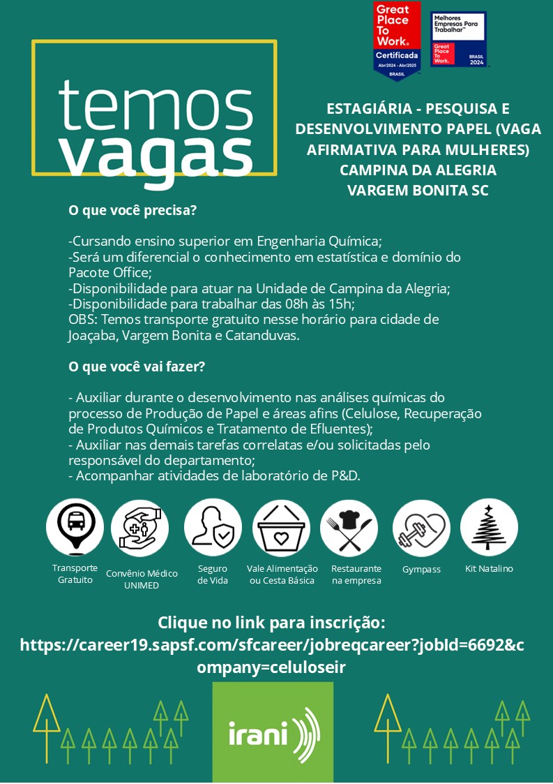 ESTAGIÁRIA – PESQUISA E DESENVOLVIMENTO PAPEL (VAGA AFIRMATIVA PARA MULHERES)