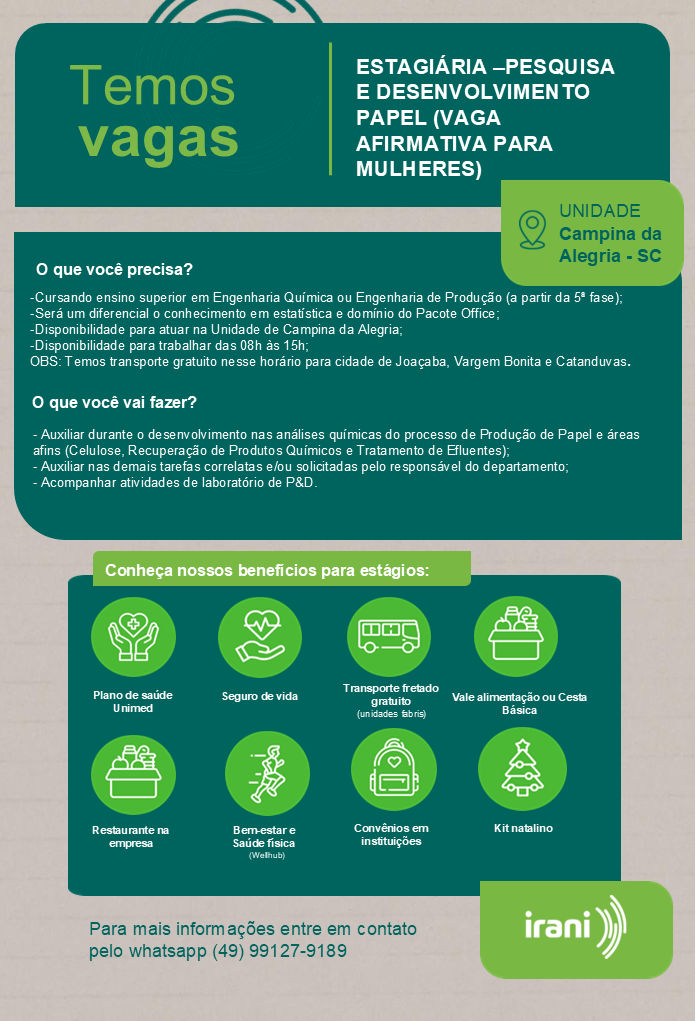 ESTAGIÁRIA – PESQUISA E DESENVOLVIMENTO PAPEL (VAGA AFIRMATIVA PARA MULHERES)