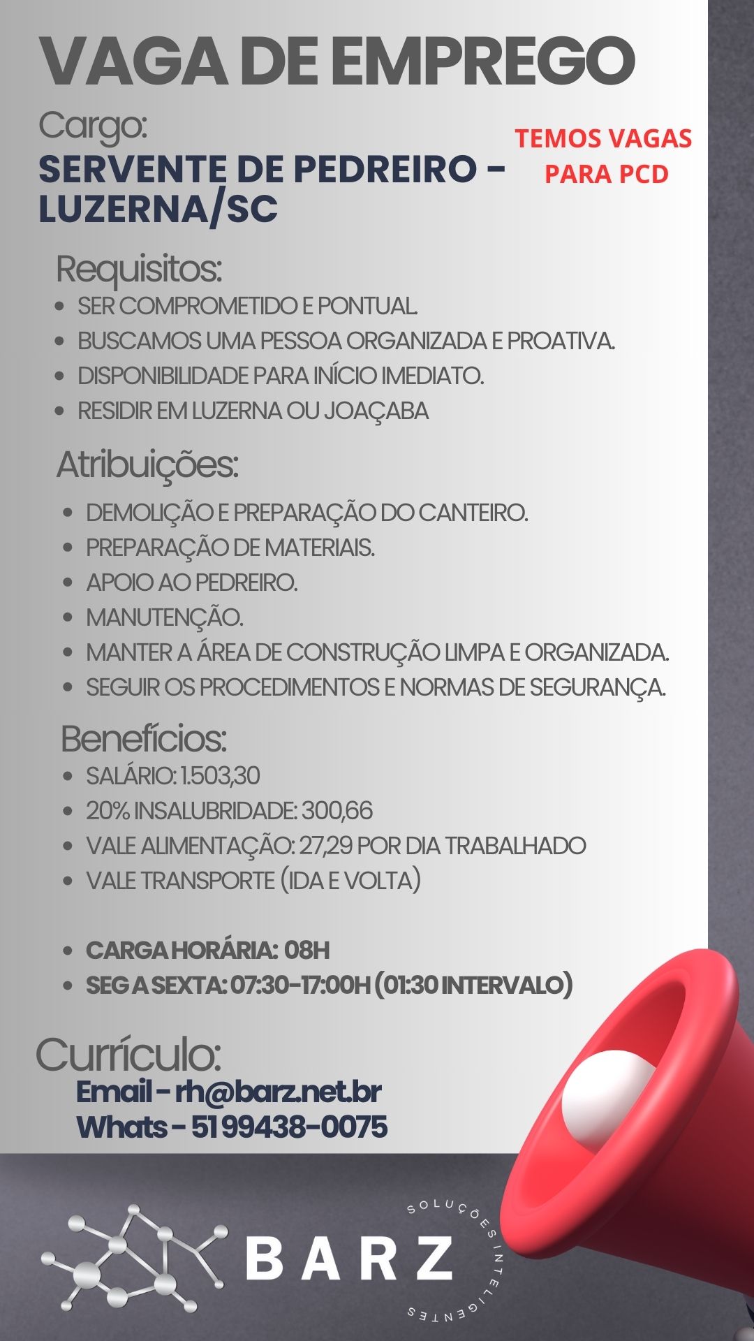 Servente de Pedreiro (Vagas também disponíveis para PCD)