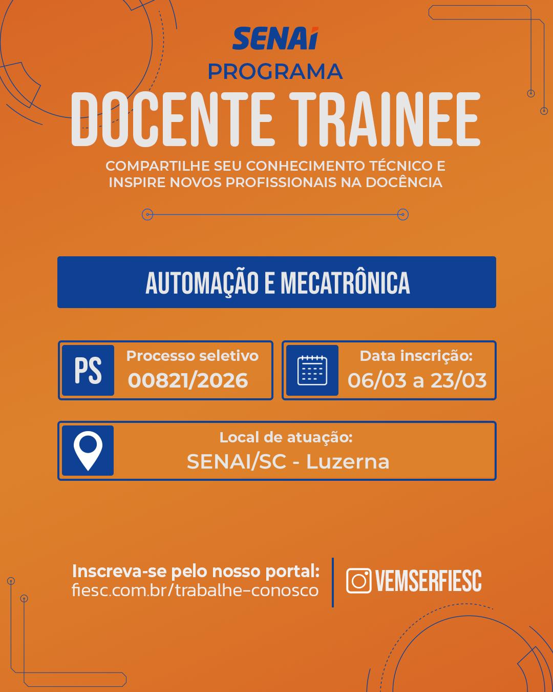 Docente Trainee com atuação em Automação e Mecatrônica
