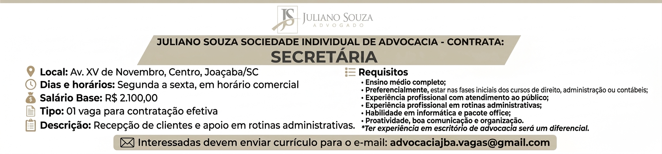 OPORTUNIDADE: SECRETÁRIA