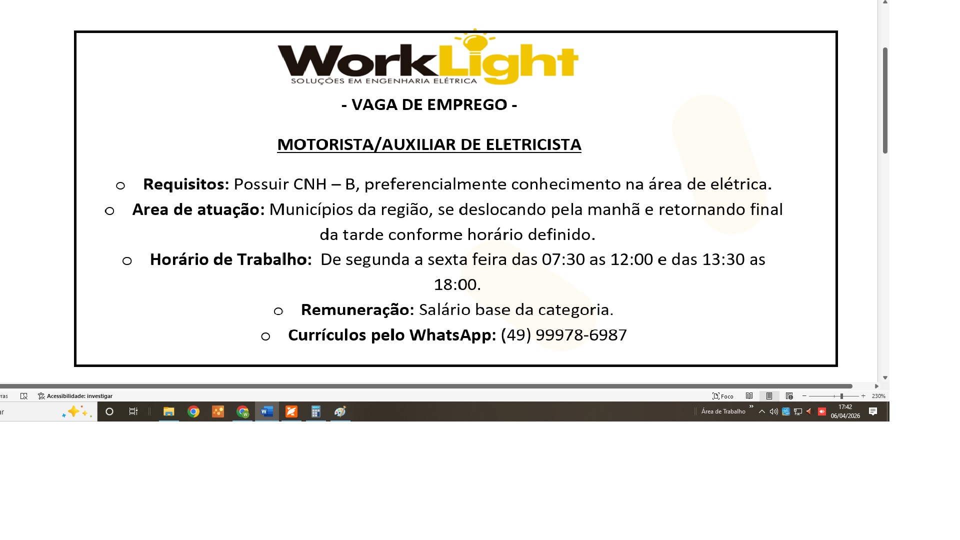 Motorista/Auxiliar de Eletricista