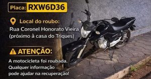 Moto furtada em Erval Velho é vista seguindo em direção a Campos Novos; ajude a localizar