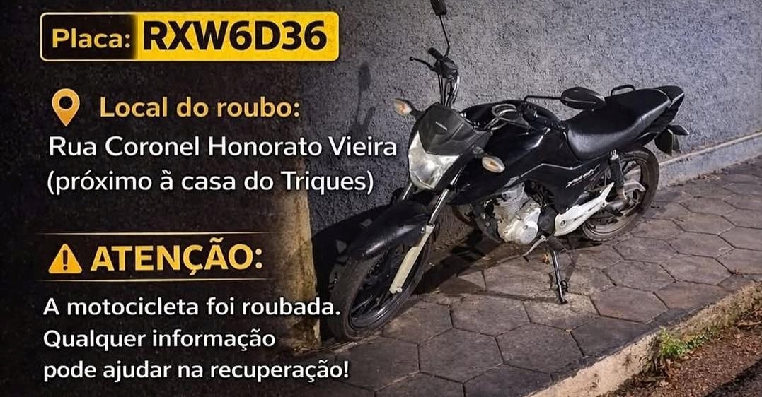Moto furtada em Erval Velho é vista seguindo em direção a Campos Novos; ajude a localizar