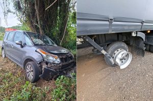 Mulher fica ferida após carro bater em carreta e árvore em Monte Carlo