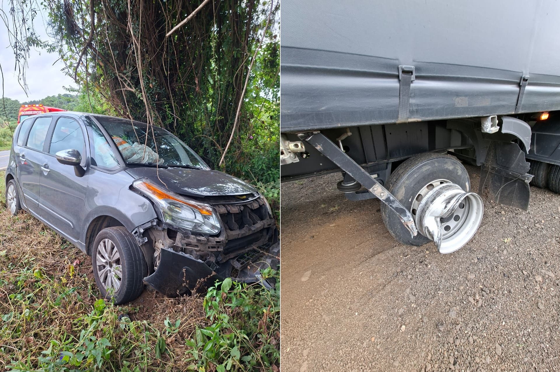 Mulher fica ferida após carro bater em carreta e árvore em Monte Carlo