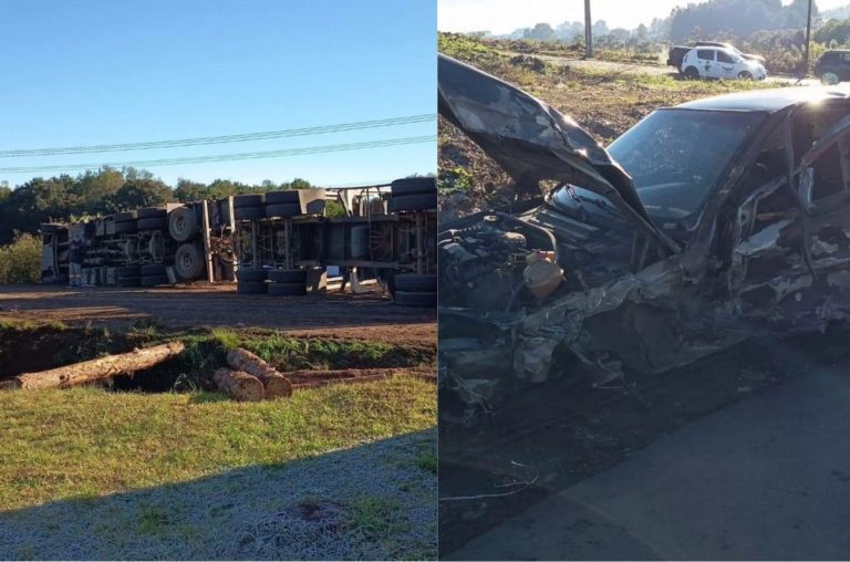 Acidente com carreta carregada com madeira interdita totalmente a BR-470 em Campos Novos