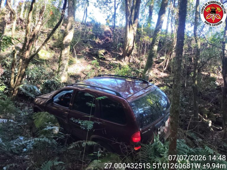 Jovem fica ferido após carro sair da pista e despencar em ribanceira na SC-355