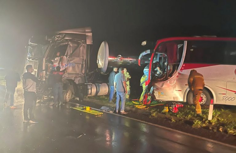Acidente grave entre caminhão e ônibus deixa dois feridos na BR-480