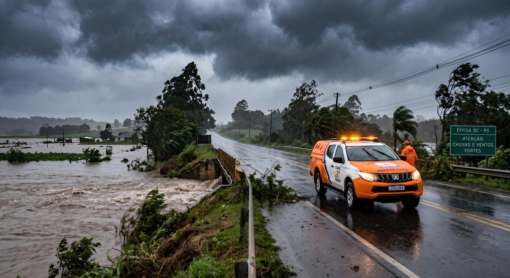 Alerta vermelho no RS e temporais em SC: frente fria traz risco de alagamentos e ventos fortes