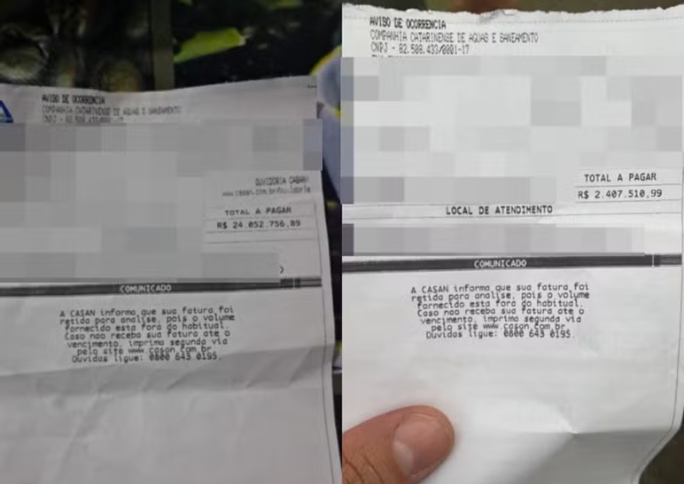 Moradores de SC recebem conta de água de R$ 24 milhões