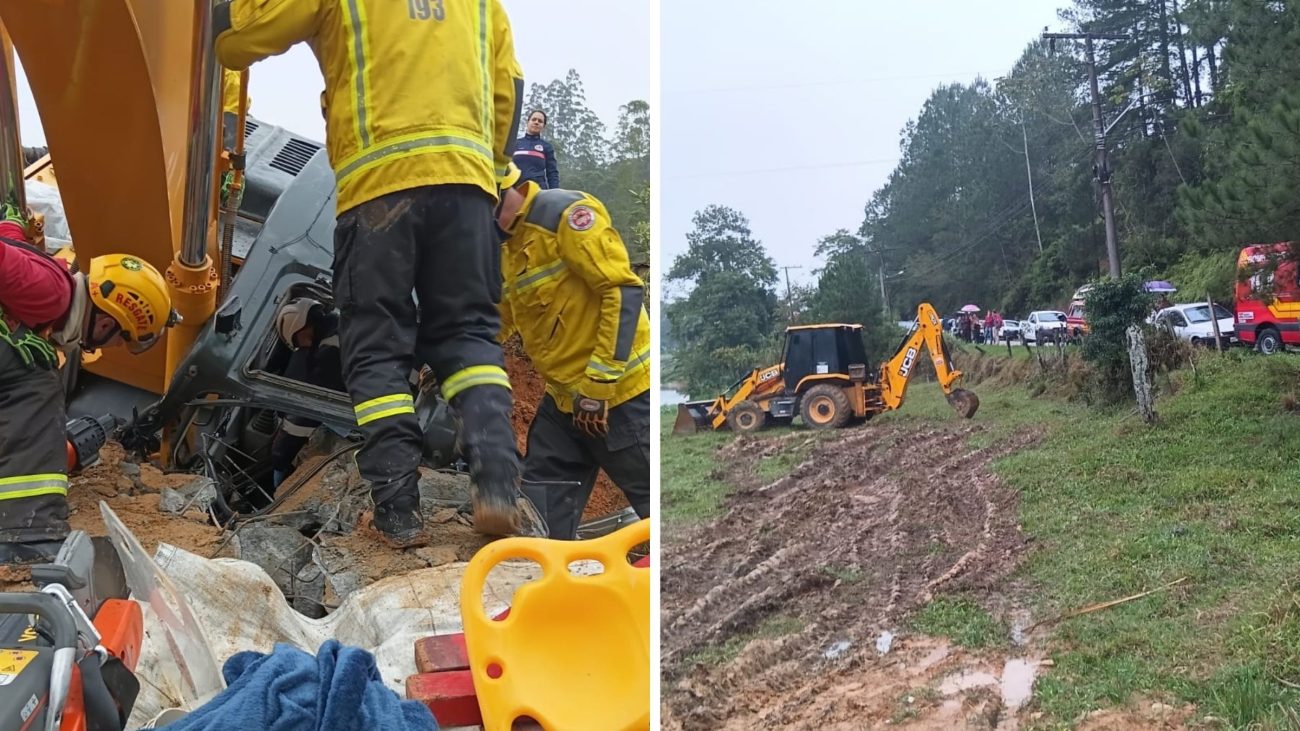 Trabalhador fica preso por 9 horas entre ponte e retroescavadeira após queda em ribanceira na Grande Florianópolis