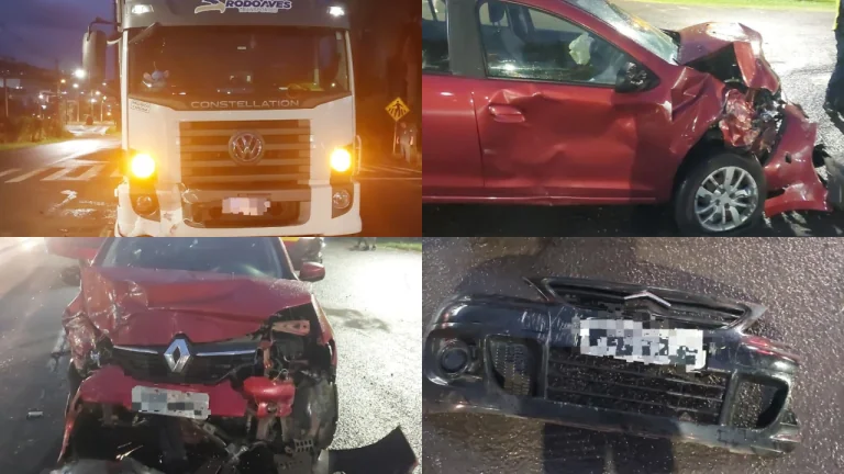 Colisão entre dois carros e caminhão deixa mulher ferida em Videira; um dos motoristas fugiu do local