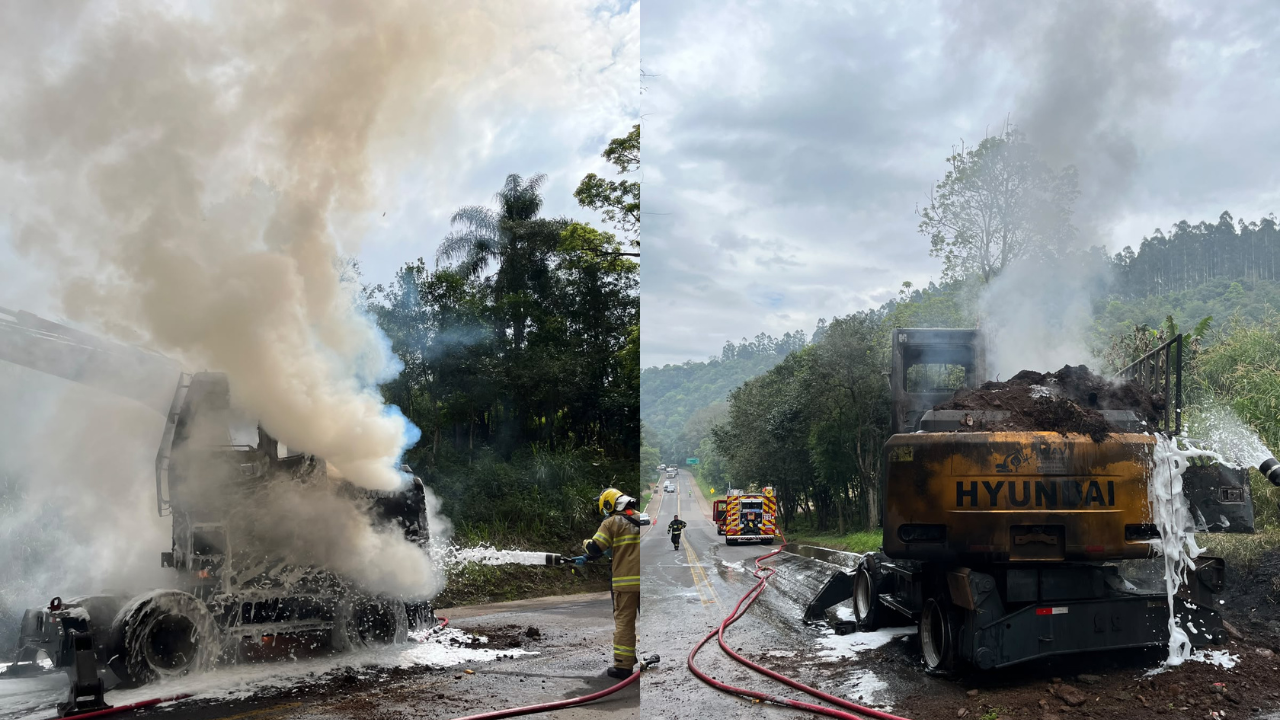 Incêndio em escavadeira mobiliza Corpo de Bombeiros às margens da SC-150