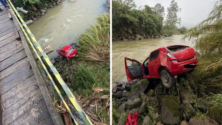 Idoso perde o controle de carro, cai de ponte de 15 metros de altura e sobrevive em Santa Catarina