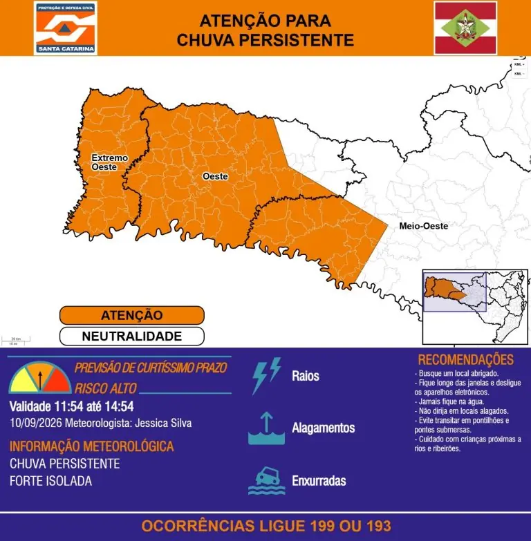Defesa Civil emite alerta de chuva forte, raios e risco de enxurradas para Joaçaba e o Meio-Oeste