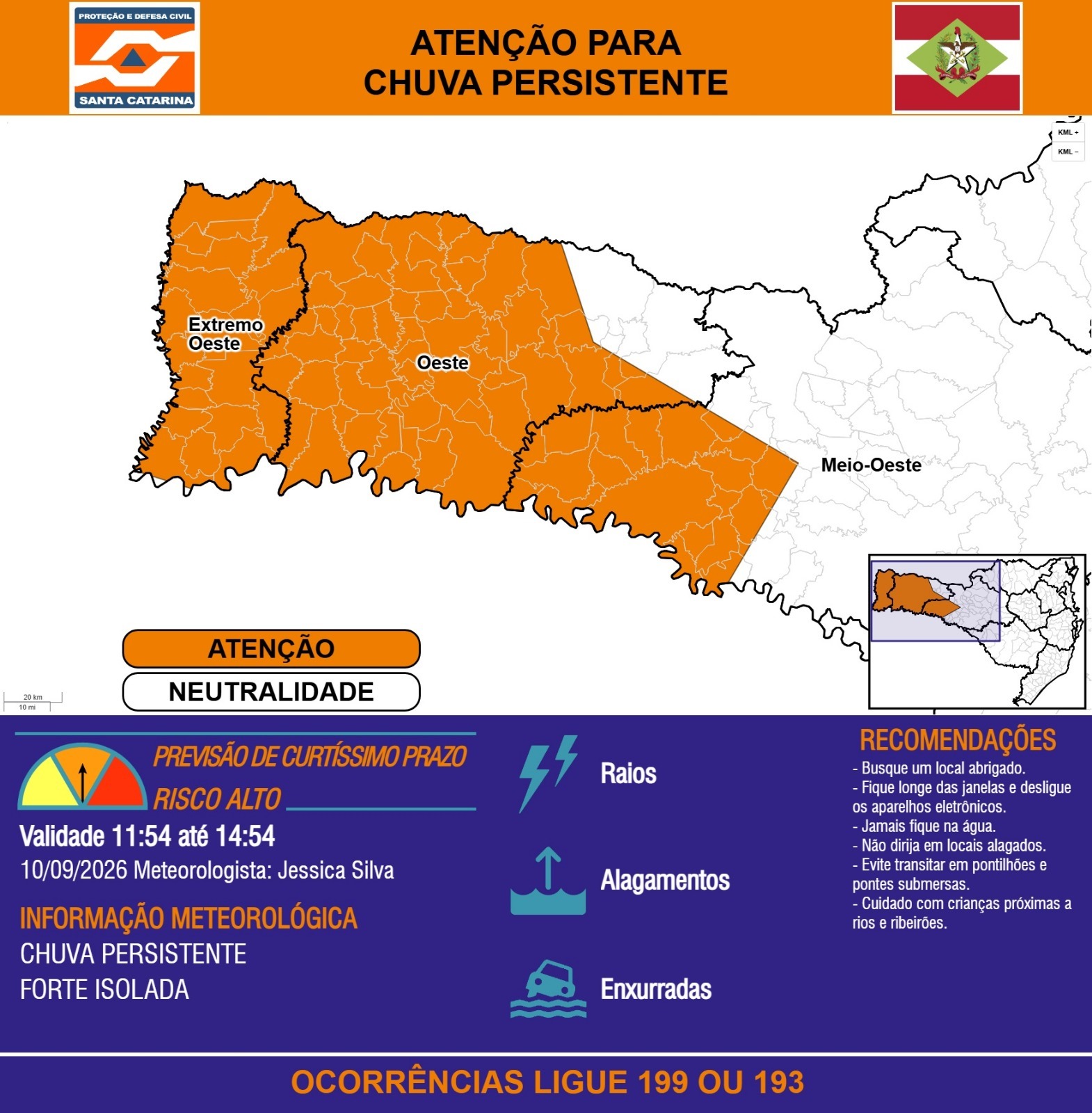 Defesa Civil emite alerta de chuva forte, raios e risco de enxurradas para Joaçaba e o Meio-Oeste