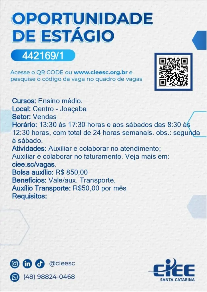ESTÁGIO REMUNERADO – ATENDIMENTO COMÉRCIO – ENSINO MÉDIO