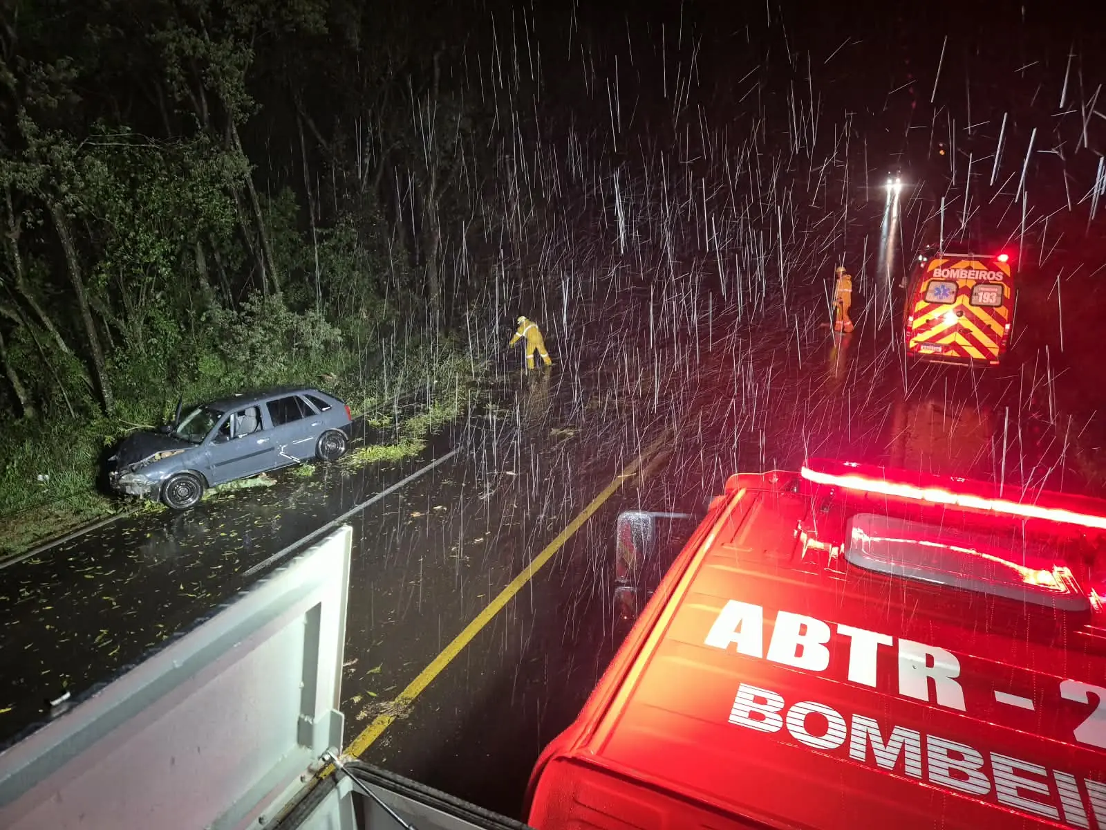 Temporal derruba árvore sobre carro, bloqueia a BR-282 e causa estragos em SC