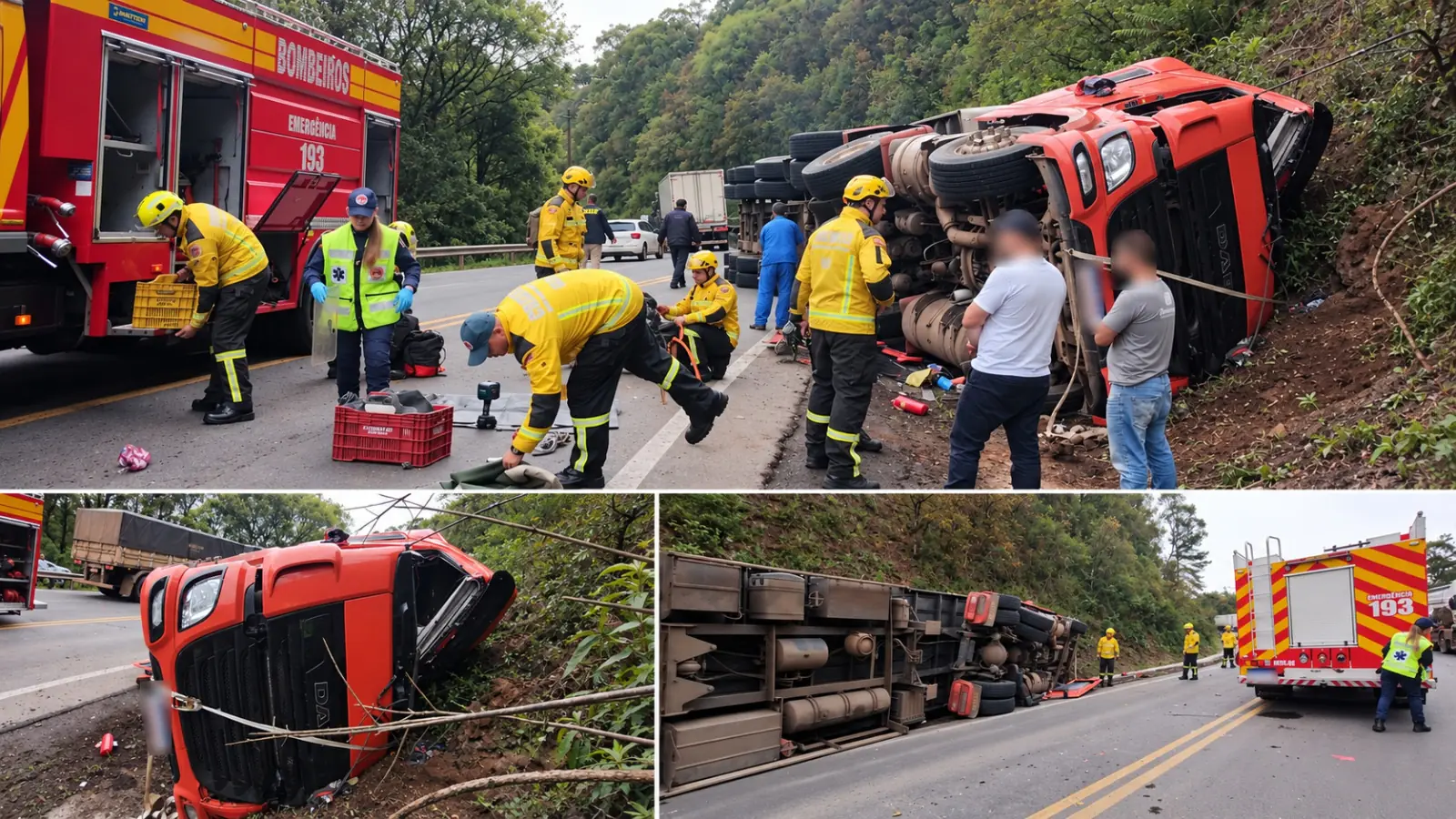 Caminhão tomba na “Curva da Santa” na BR-282 e motorista fica preso nas ferragens