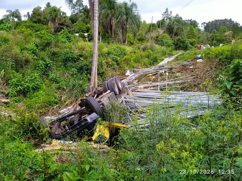 Caminhão carregado com barras metálicas capota e arranca cabine na BR-282
