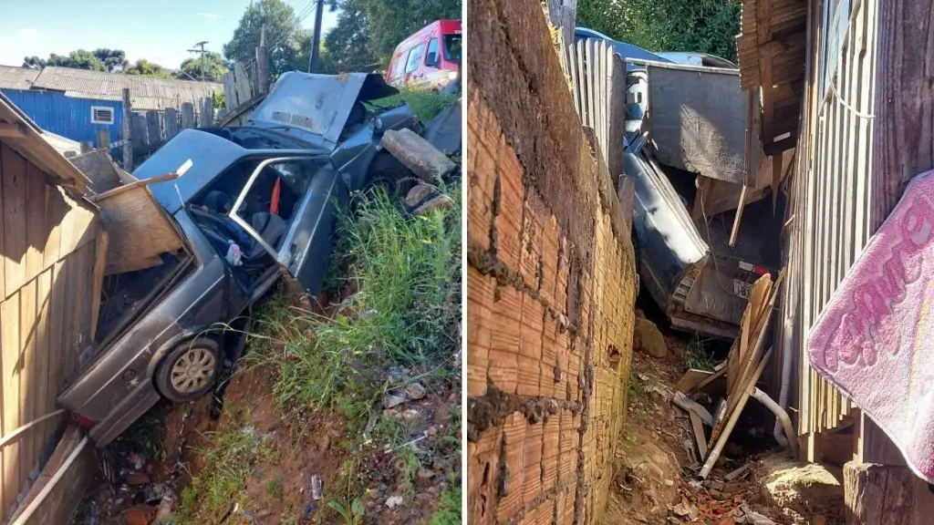 Carro cai em ribanceira e atinge residência após colisão frontal em Lages