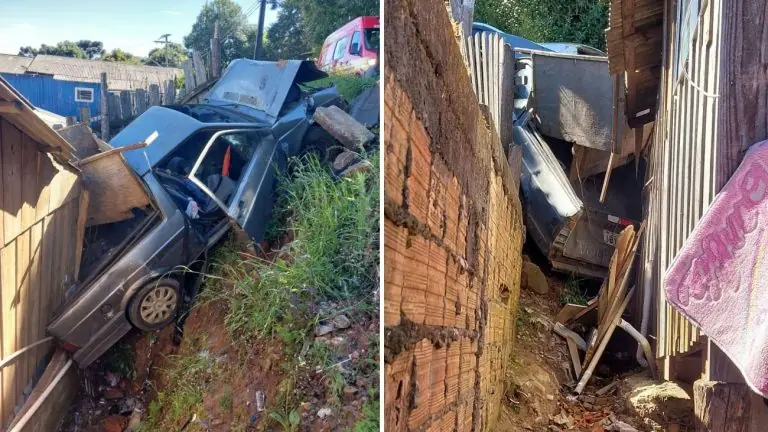 Carro cai em ribanceira e atinge residência após colisão frontal em Lages