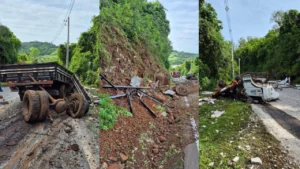 Motorista morre preso às ferragens após caminhão sair da pista e colidir contra parede de pedras em SC