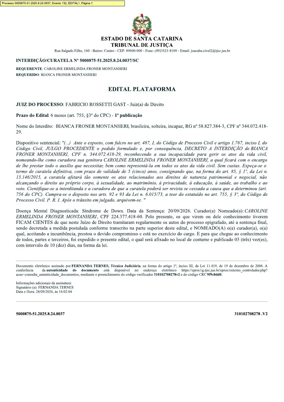 Edital da 2ª Vara Cível da Comarca de Joaçaba, processo 5000875-51.2025.8.24.0037
