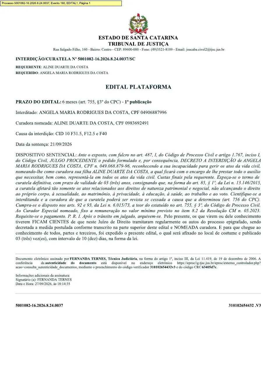 Edital da 2ª Vara Cível da Comarca de Joaçaba, processo 5001082-16.2026.8.24.0037
