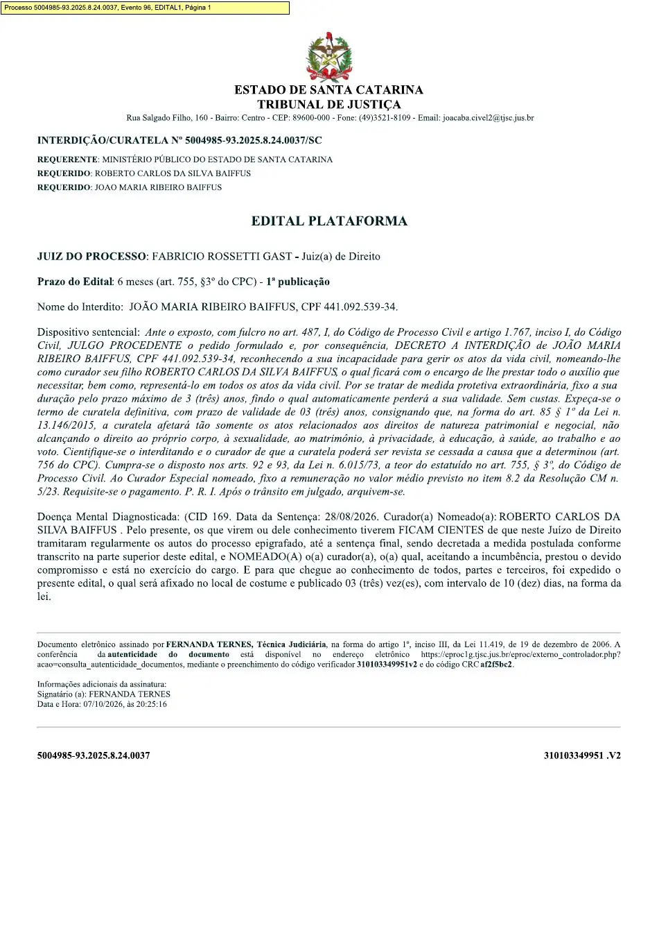 Edital da 2ª Vara Cível da Comarca de Joaçaba, processo 5004985-93.2025.8.24.0037