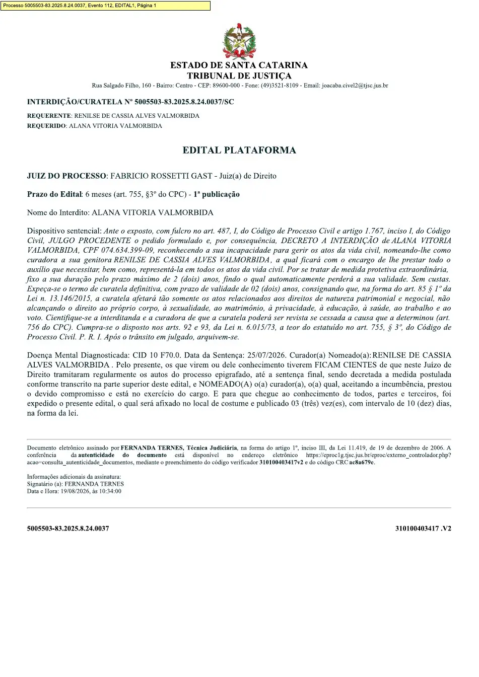 Edital da 2ª Vara Cível da Comarca de Joaçaba, processo 5005503-83.2025.8.24.0037