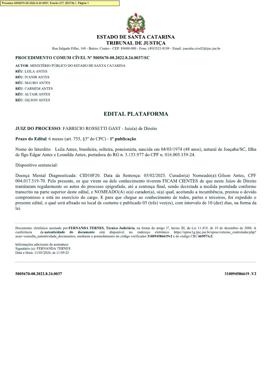 Edital da 2ª Vara Cível da Comarca de Joaçaba, processo 5005670-08.2022.8.24.0037
