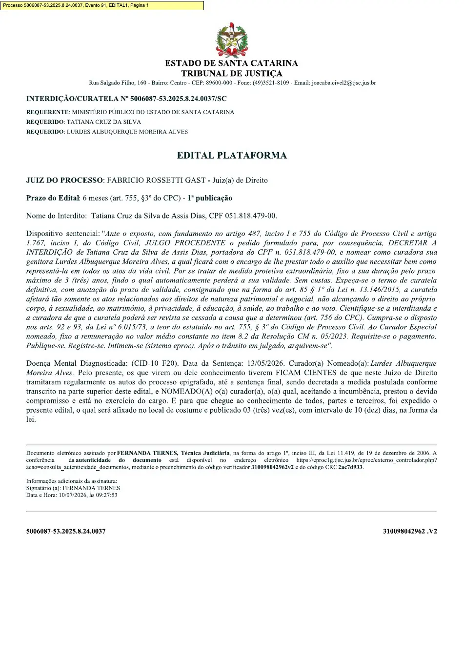Edital da 2ª Vara Cível da Comarca de Joaçaba, processo 5006087-53.2025.8.24.0037