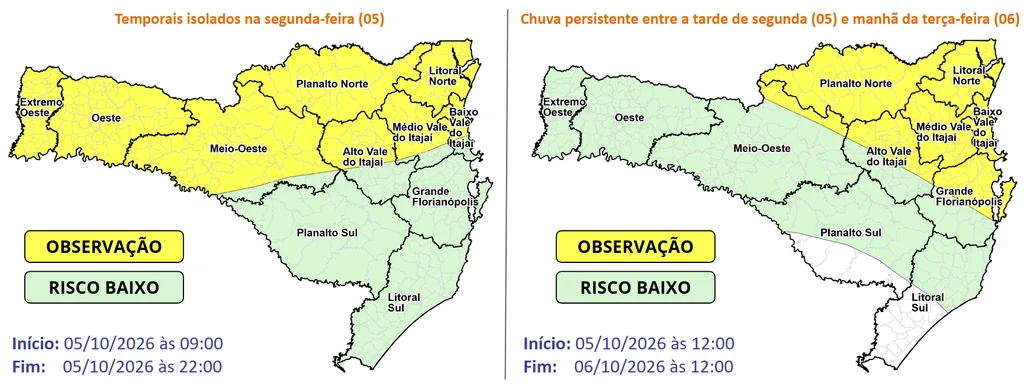 Mapas da Defesa Civil de SC com as áreas em observação para temporais na segunda-feira (5) e chuva persistente até terça-feira (6)