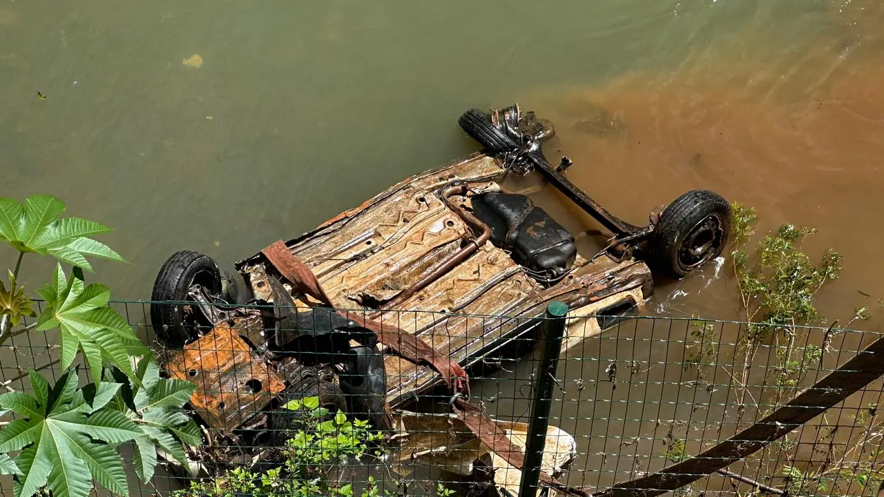 Carcaça enferrujada de veículo de cabeça para baixo na água do Rio do Tigre, atrás de uma cerca verde