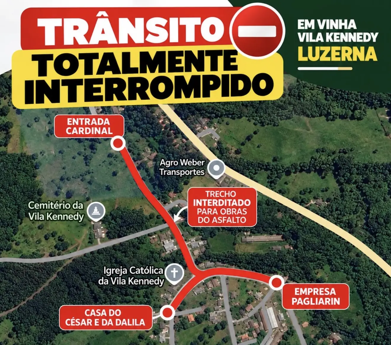 Trânsito fica totalmente interrompido na Vila Kennedy, em Luzerna, até sexta-feira