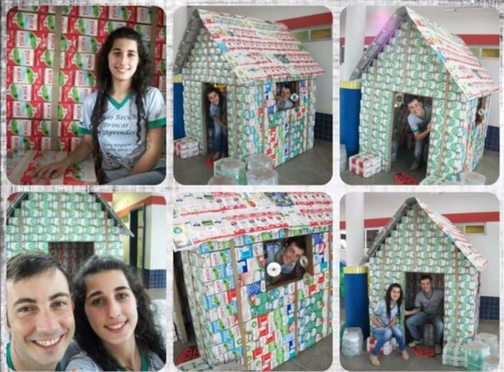 Alunos criam casinha de boneca com caixas de leite e jornais